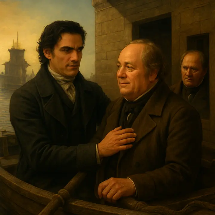 In the skiff alongside the quay, Dantes, flushed with pride, tells Morrel how he carried a packet to Marshal Bertrand and even saw the Emperor; Morrel beams, pats him, and warns gently of danger. Through a half‑open cabin door Danglars furtively peers, his face flushing as he glimpses the packet inside and silently begs Morrel not to mention it, the furtive voyeur contrasting with the warm, tearful gratitude between Dantes and the shipowner.