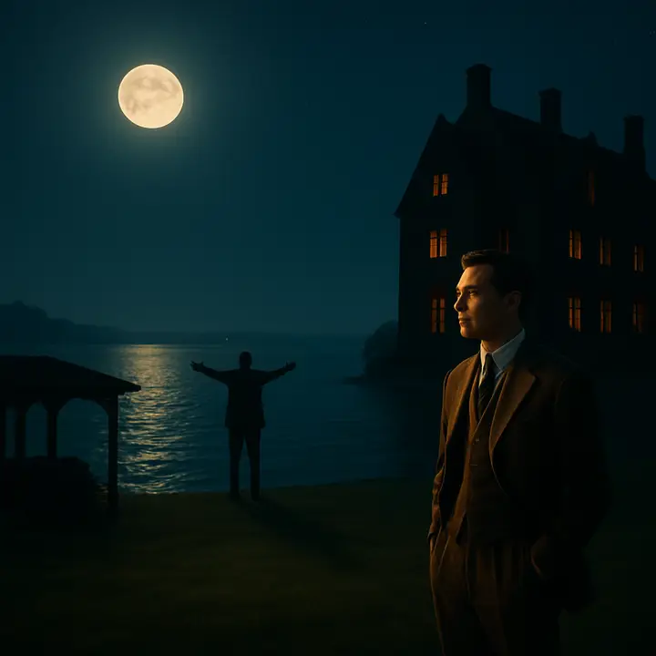 At night, fifty feet away on a neighboring lawn a solitary figure emerges and stands with hands in his pockets, then suddenly stretches his arms toward the dark water; across the bay a single, minute green light twinkles at the end of a distant dock. Nick watches from his roller — two solitary figures beneath a peppering of stars, the green light like an urgent, impossible goal.