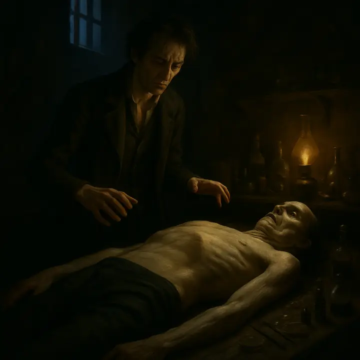 In the narrow garret workshop separated by a silent gallery, Victor stands over the immense, lifeless body he has assembled—an eight-foot form stretched on the table—his face gaunt and fevered as cold moonlight falls across the pale clay. Instruments, glass and tinctures litter the room; Victor's hands tremble between dread and a terrible expectation as the moment of animation approaches.