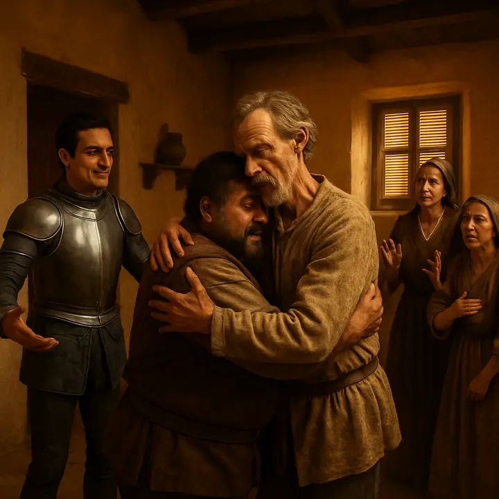 Samson Carrasco bursts in with theatrical bravado, prostrating Don Quixote in florid compliments and offering himself as a squire; Don Quixote demures, and in the emotional crescendo Sancho, moved to tears, promises to go and embraces his master with heartfelt sincerity as Samson looks on incredulous and amused. The household women gesticulate in the background, their lament turned to begrudging acceptance.