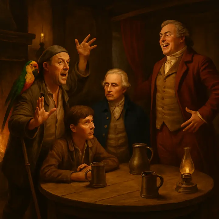 In the warm, smoky Inn Parlour / Taproom, Squire Trelawney and Dr. Livesey sit over a quart while Long John Silver, hand on his crutch, tells the story with theatrical gestures and Jim eagerly corroborates him. The Squire rises in a burst of command—'All hands aboard by four!'—while the doctor studies Silver approvingly; the room hums with brisk, seafaring anticipation as Silver prepares to depart.