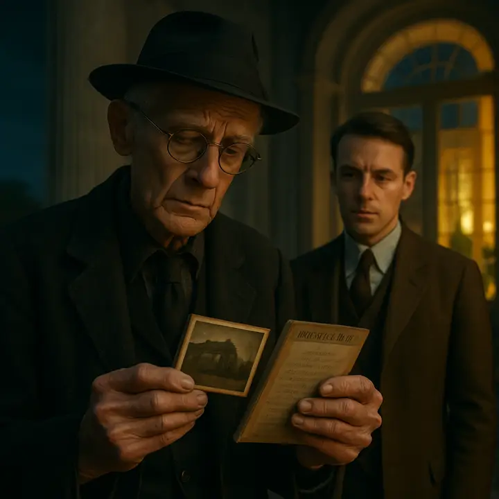 A damp, trembling old man — Henry Gatz — stands in Gatsby’s empty hall, proud and ashamed, producing a cracked photograph of the small house where his son was born and a ragged Hopalong Cassidy book. He opens to a penciled 'schedule' and a page of adolescent resolves; his eager, fragile admiration makes Gatsby’s constructed greatness painfully human. The ornate rooms swallow him and Nick as this private reliquary collapses into domestic sorrow.