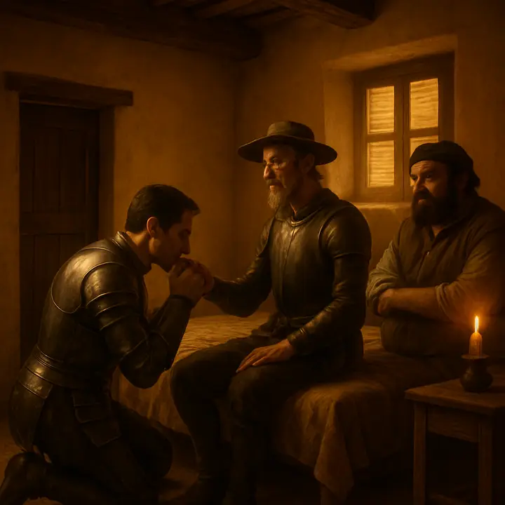 Samson Carrasco falls to his knees before Don Quixote, kissing his hand with exaggerated reverence while Sancho Panza stands by, amused and skeptical; Samson's eager face and Don Quixote's grave dignity contrast with Sancho's earthy humor. Rays of warm afternoon light wash the room, emphasizing the theatricality of Samson's praise and the tangible presence of the book-of-feats that everyone mentions.