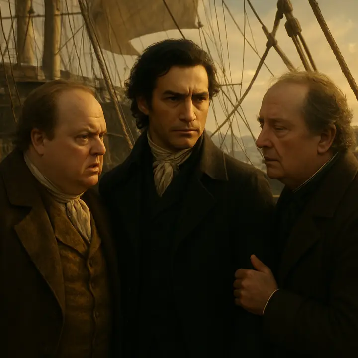 On the deck of the Pharaon Edmond announces with quiet authority that Captain Leclere has died and orders sails brailed and the colors half‑mast; the anchor chain rattles as sailors obey with precise, silent movements. Danglars, pale with thinly veiled hate, leans forward to accuse Dantes of wasting time at Elba while Pierre Morrel interposes, creating a taut triangle of hostility, authority, and patronage.