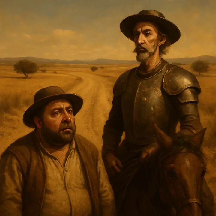 Dawn breaks in a riot of birdsong and dew; the countryside glitters as the two knights prepare. Sancho first notices the grotesquely enormous, mulberry‑coloured pasted nose of the squire and recoils in horror, while Don Quixote calmly watches the opponent in gilt-and-mirror-covered surcoat mounted and ready.