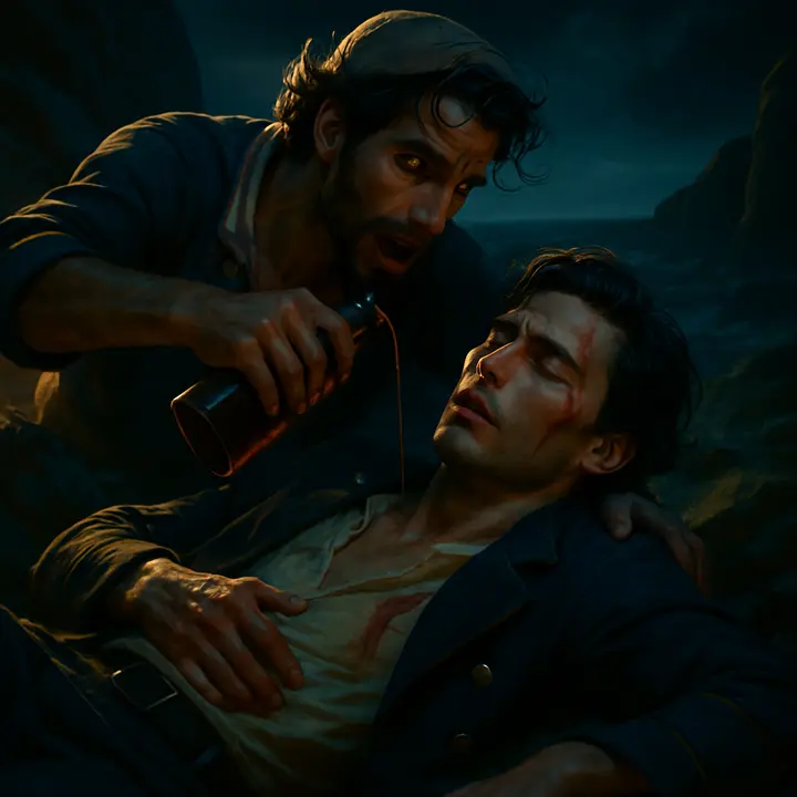 Leaping like a chamois, Edmond slips and tumbles twelve or fifteen feet down a declivity; he lies bleeding and dazed while Jacopo races to his side and pours rum into his mouth, frantic and compassionate. Jacopo's face is a mix of terror and devotion as he supports Edmond, who groans with pain and clutches his injured side. The moment should be raw and urgent, showing both the violence of the fall and the sailors' genuine affection.
