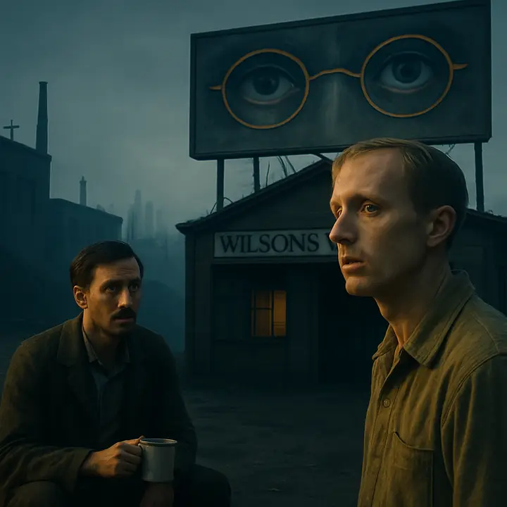 A bleak, sleepless pre-dawn in the garage: Michaelis sits with George while the dull light pulses and beetles strike the bulb; Wilson, rocking, fixes his face to the window and stares up at the pale, enormous eyes of Doctor T. J. Eckleburg above the ash-heaps. The world feels watchful and accusatory as Wilson murmurs about the yellow car and the braided dog-leash, destiny tightening like a vise.