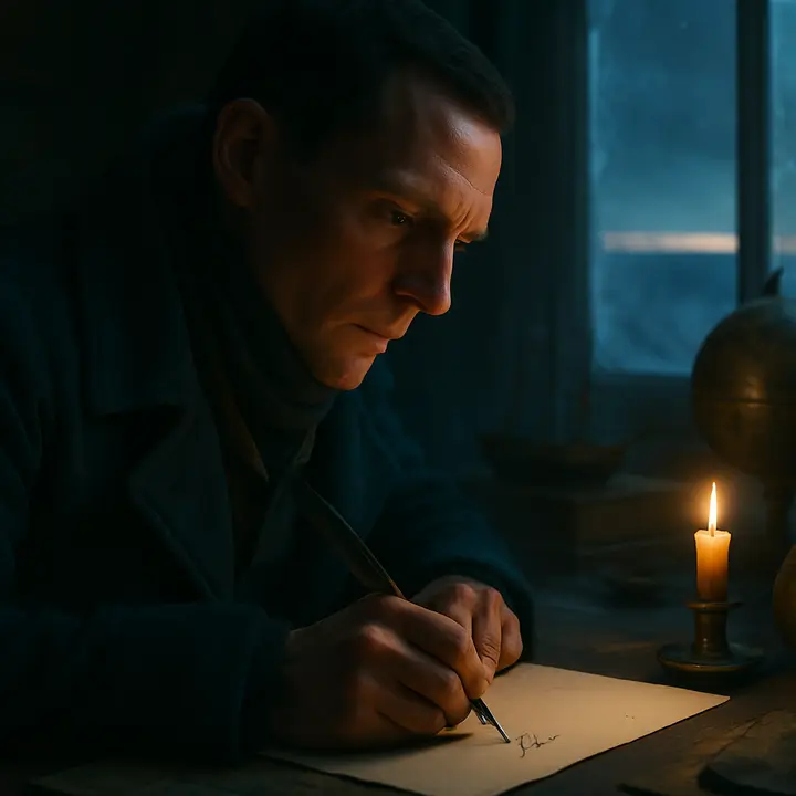 Inside a small warmed room in St. Petersburgh, Walton leans over parchment by candlelight, finishing the letter to his sister with a steady hand. Surrounding him are maps, a model ship, and a globe; through the frost-rimmed window a thin band of pale light on the horizon suggests the very polar sun he dreams of, reflecting his mix of hope and solemn farewell. He closes the letter with a look that is both determined and wistful.