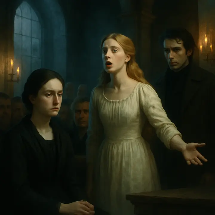 A crowded town courtroom: Justine Moritz sits composed in mourning, a single tear glinting on her cheek while Elizabeth Lavenza rises, face white and urgent, pleading for her. Victor Frankenstein stands nearby, shoulders rigid, his anguish hidden behind a controlled mask as the judges and townspeople swivel toward Elizabeth's appeal.