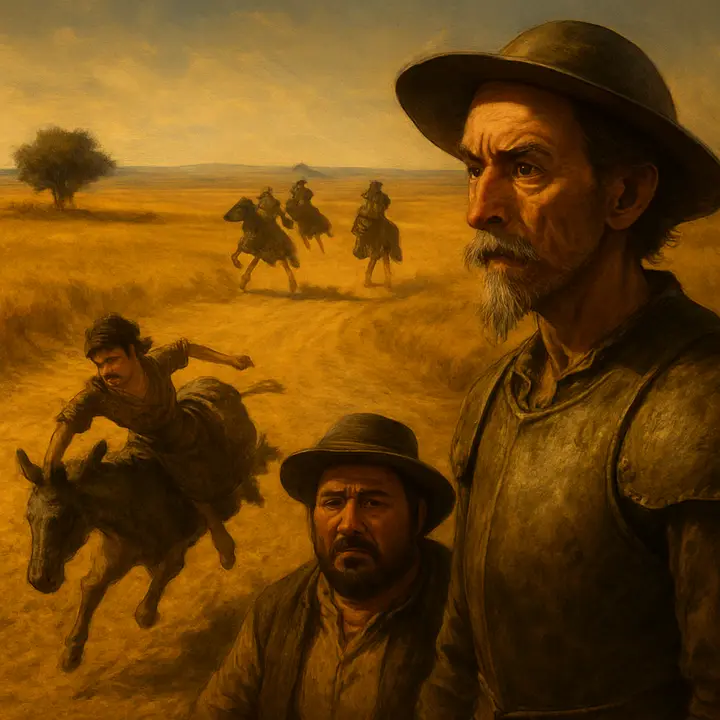 The moment the girl's she-ass bucks; the peasant lady is flung to the ground in a tangle and then, in a flash of athletic grace, runs, grabs the croup and launches herself back into the saddle like a falcon — the three riders then streak away across the plain in a spray of dust. Don Quixote watches the retreating figures with a tortured mixture of admiration and sorrow, convinced enchanters have robbed him of Dulcinea's true form.