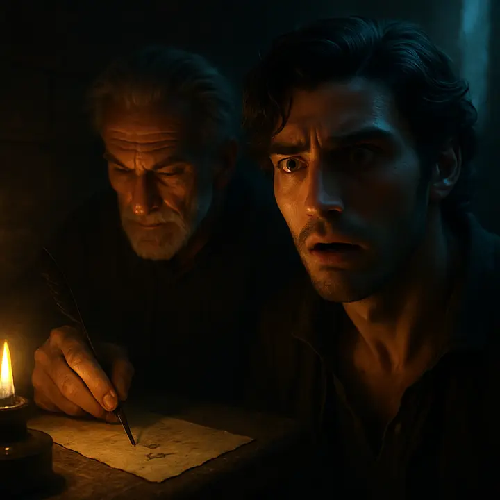 In a lamplit corner the abbé dips his pen and, writing left‑handed on linen, produces the very backhanded script of the anonymous accusation; Dantès recoils as if struck. The tiny, unnatural curl of a letter is shown in agonizing close‑up as the truth takes shape.