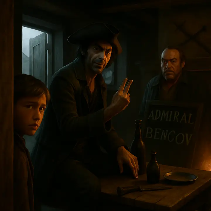The parlour door opens and the pale, tallow-faced Black Dog steps in, missing two fingers and with a cutlass at his hip, seating himself sideways on the breakfast-table and leering as he beckons a nervous Jim Hawkins to hide behind the door. Billy Bones re-enters, stunned at the sight; the three figures form a charged triangle—Black Dog fawning one instant, venomous the next—while the open door frames the cold street outside.