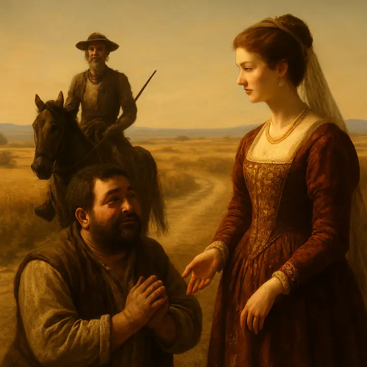 Sancho, having run forward, kneels awkwardly before the lady and proclaims his master's formal, rustic message; she receives him with amused courtesy and bids him rise, promising hospitality for the knight. Don Quixote sits farther back on Rocinante, stiff and proud, preparing to approach while watching the exchange.