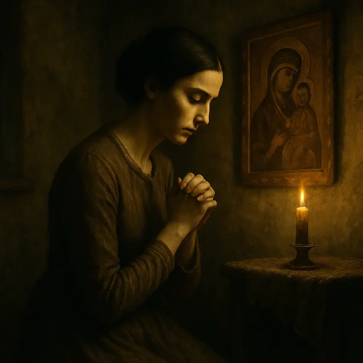 After a sleepless, pained night of pacing, Dounia kneels before the ikon to pray — fragile, resolute, and feverish — having consented to Luzhin's proposal out of duty and hope for her brother's future.