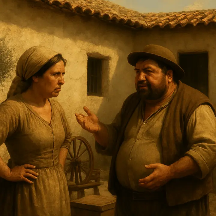 Inside their humble room, Sancho grandly paints a vision of his daughter elevated beneath a velvet canopy and cushions, gesturing as if arranging a coronation, while Teresa, hands on hips and spindled wool at her side, fires back with earthy proverbs and practical scorn. The cramped interior — spinning wheel, a plain chest, a child’s simple clothes — underscores the comic tension between soaring fantasy and homely reality.
