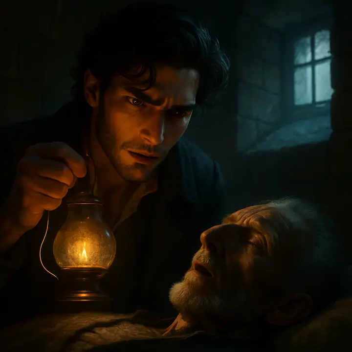 In a stone dungeon at dawn, Edmond Dantès props a trembling lamp above the bed where Abbé Faria lies contorted, lips frothing and eyes wide in a final convulsion. After pouring the last draught between the old man's teeth and watching a terrifying, electrical shudder that ebbs into stillness, Dantès leans over the body as pale morning light pales the lamp and the weight of sudden, absolute solitude closes in.