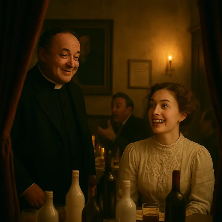 The curtains part and Mr. Beebe is revealed, his stout, kindly figure instantly brightening the room and lifting Lucy's spirits; he chats cheerfully about the Rectory and gives eager tourist advice. A nearby voluble foreign table explodes into a torrent of directions, restoring the pension's convivial bustle. Show Lucy's relief as attention shifts and the atmosphere warms.