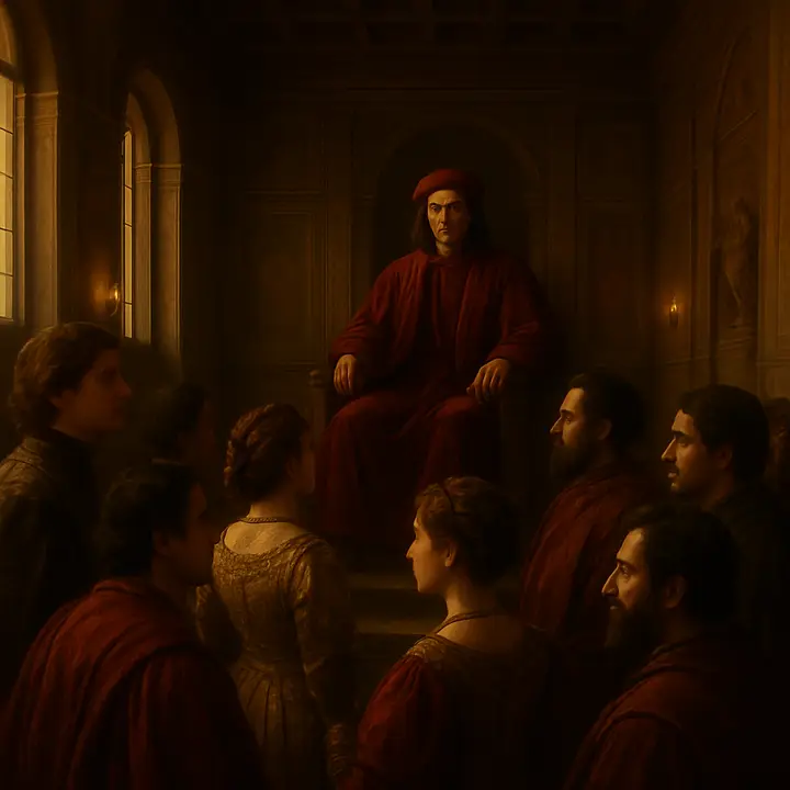 A sumptuous Medicean audience: Lorenzo de' Medici seated on a raised dais in a richly decorated hall, draped banners and classical sculptures behind him, while richly dressed youths fan out below trying to catch his eye. The gilt light from tall windows picks out silks, jewels, and whispering courtiers, conveying the irresistible splendour that shaped a generation.