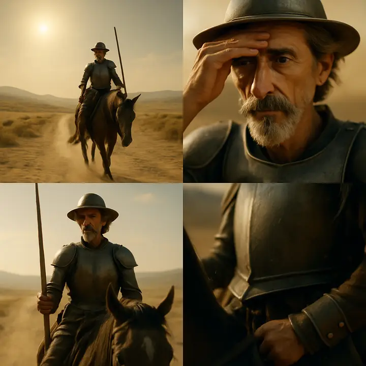 On the open plain he halts in the hot morning sun, hand to brow, struck by sudden doubt that nearly makes him abandon his venture — the thought that he is not a duly dubbed knight. Around him the bright, indifferent landscape shimmers; his face tightens with obsessive resolve as he decides he will be dubbed by the first person he meets.