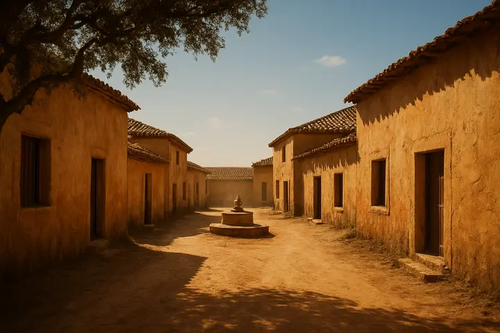 Dawn spills honeyed light across a compact cluster of whitewashed houses and clay-tile roofs; narrow alleys funnel into a still courtyard backed by a high, sun-faded yard wall. The approach road framed by oak shadows leads the eye into the sleeping town, dust motes suspended in the pale morning air.