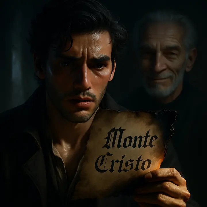 Close-up of the half-burnt paper: Gothic characters emerge from smudged ink; Dantès' face looms above it, sweat on his brow and disbelief in his eyes while Faria watches with a slight, knowing smile.