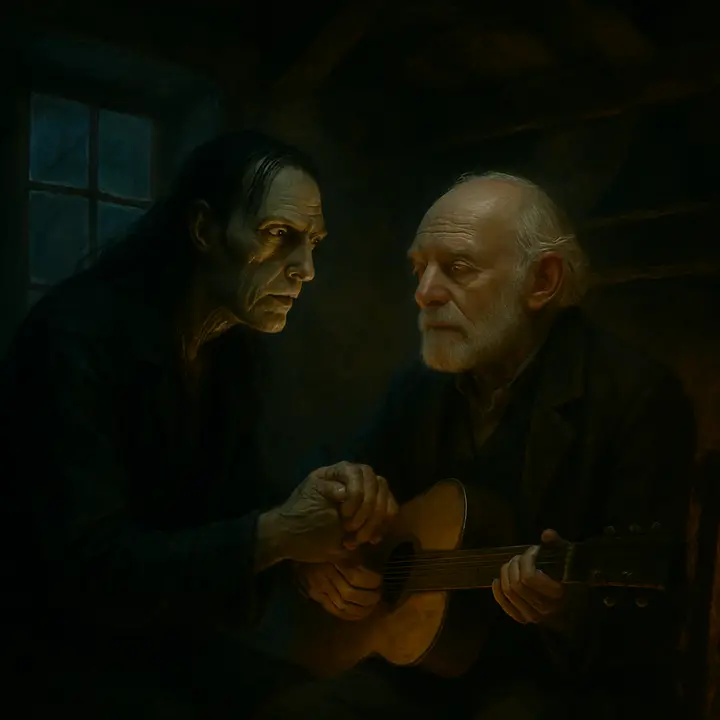 On a bright autumn day De Lacey sits playing a mournful tune on his guitar inside the cottage while the Creature, having removed the planks that hid his refuge, knocks and steps forward to plead. He clasps the blind old man's hand, voice trembling, confessing his abandonment and begging for sympathy; De Lacey, moved, promises to judge only by what he hears and vows to help undeceive the others.