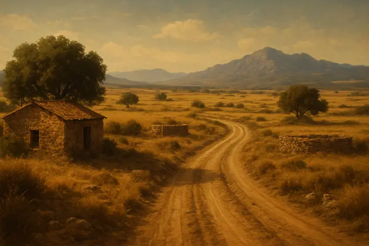 An expansive pastoral valley of rolling pastures dotted with low stone sheepfolds and a weathered hut beneath a stand of oaks; winding brooks thread between thyme-scented tufts and rocky outcrops. In the distance serrated mountains rise, one slope opening to a dark cave mouth that punctuates the horizon.