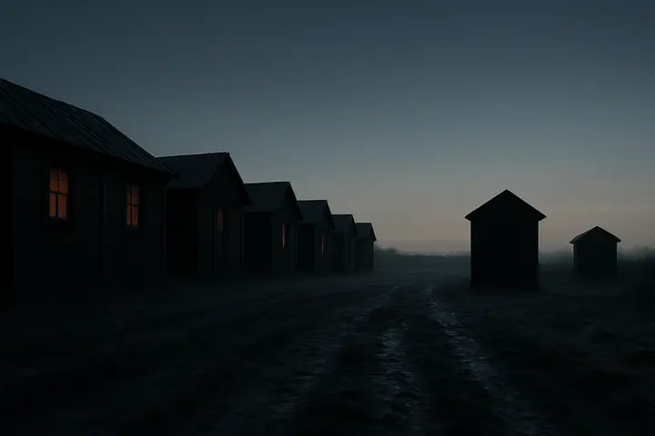 A line of low wooden huts looms in silhouette against a vast pre‑dawn sky, stars fading as the horizon softens to pale blue; the outlines of a fowl‑house and shed punctuate the dark row. Frosted grass and a few boot‑trodden tracks lead past weathered doors, the whole scene hushed and heavy with the coming day.
