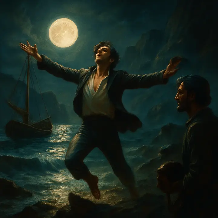 Moonrise floods the rocky harbor with silver light as Dantès is the first to leap ashore, arms outstretched as if to kiss the island itself; Jacopo stands nearby, alert and loyal. Waves glint and the moon path on the water leads the eye to the rugged cliffs where they land, creating a mystical, reverent tableau. Capture the ecstatic relief and sacred intimacy of first contact with the fabled isle.