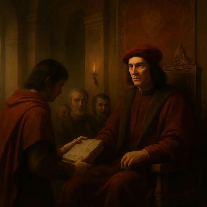 An ornate Renaissance audience chamber where Lorenzo de' Medici sits on a raised dais receiving a bound manuscript presented by an earnest messenger while courtiers and advisers watch with keen interest; tapestries bearing Medici symbols hang behind them and torchlight casts warm highlights on gilded carvings. The composition captures the electric moment of dedication—the promise of counsel and ambition held in a single sheaf of pages.