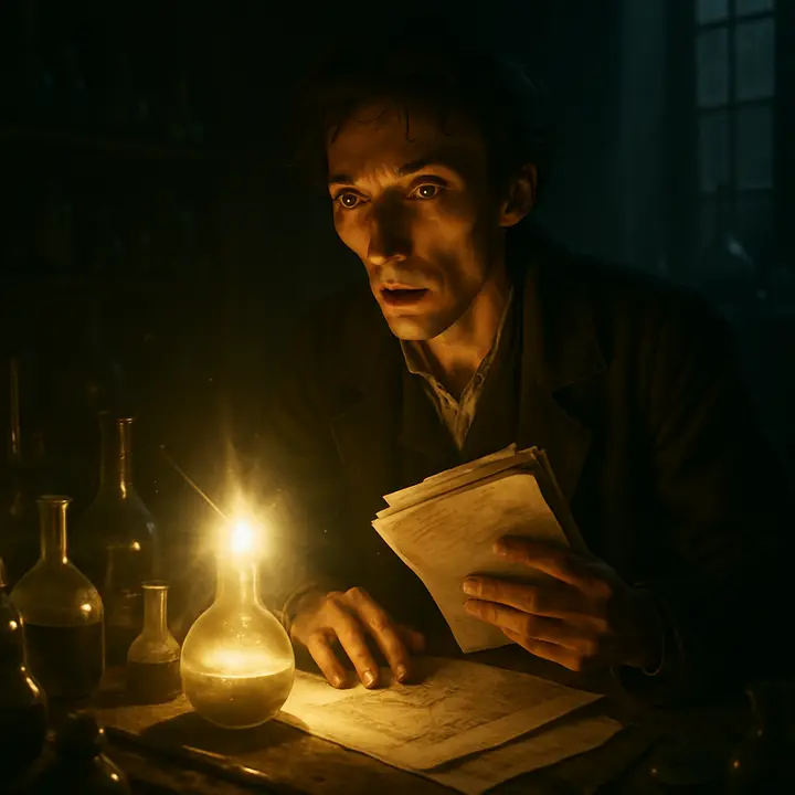 Alone in his dim laboratory after endless nights of study, a sudden, brilliant light seems to burst from Victor's workbench as the secret of life 'breaks in upon' him; papers, glass vials and anatomical sketches are washed in an almost supernatural glow. He clutches his notes, dizzy and rapt, the surrounding darkness receding into that one luminous revelation.