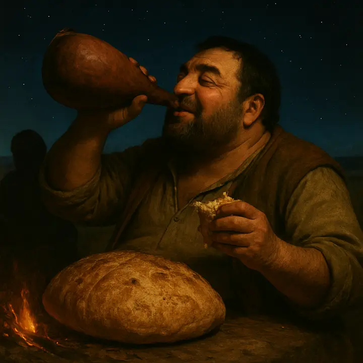 Beneath a wide starry sky two figures sit beside a blazing embers; a vast bota of wine and an absurdly huge pasty — so large Sancho mistakes it for a goat — dominate the foreground. Sancho, eyes bright and cheeks stained, devours meat in greedy, joyful mouthfuls and raises the bota to drink, the wine glinting as he sighs at its excellence.