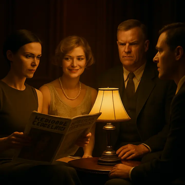 A crimson‑tinted room lit by a single lamp: Jordan reads the Saturday Evening Post aloud, the light bright on Tom’s boots and dull on her autumn‑leaf hair. The atmosphere is small and conspiratorial — Daisy teasing matrimonial jokes, Jordan brusque and inattentive, Tom looming with heavy presence.