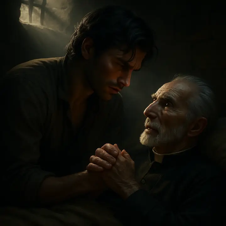 In the dim, damp prison cell, Edmond Dantès crouches over the dying Abbé Faria, cradling him on a narrow cot as the old man's breath falters. Faria, eyes bloodshot and voice thin, speaks his last words about the hidden Spada treasure and blesses Edmond before sinking into final stillness.