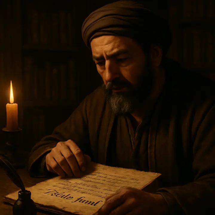 A dim study where Cide Hamete Benengeli — the Moorish chronicler — pauses and closes a tattered manuscript with a melancholy, knowing gesture, as if drawing down the curtain on the Third Part. Candlelight pools on scattered pages and a feathered pen rests in ink; the chronicler’s expression is rueful, final. The book’s close reads like an authorial sigh over Cardenio’s fate.