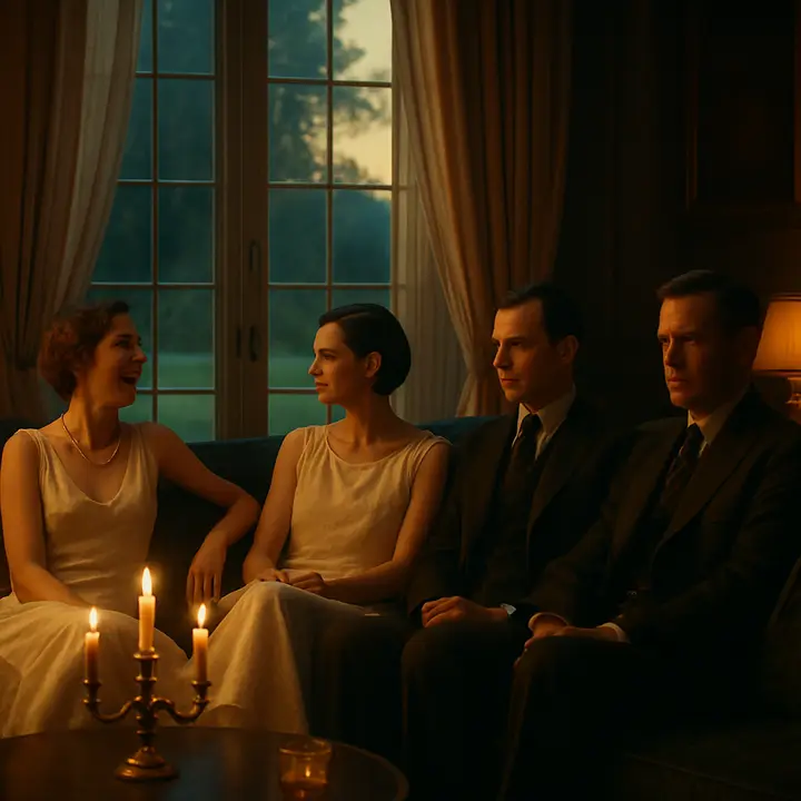 Inside a rosy room bound by French windows, Daisy and Jordan float on an enormous couch in white dresses as a breeze stirs the curtains; Daisy's laughing, charming face contrasts with Jordan's cool, tilted chin as they exchange airy banter while Nick looks on awkwardly. The room glows with candlelight and the superficial ease of privileged conversation, a tableau of beauty and insincerity.