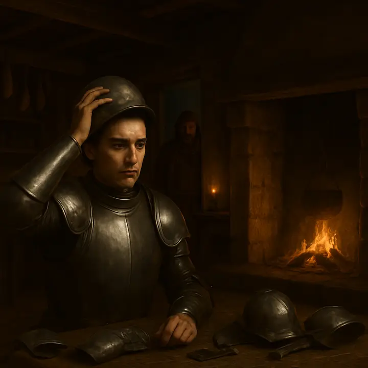 In a dim lower room of a busy city hostel, a relieved yet embarrassed bachelor sits amid scattered pieces of armour while a squire loosens a helmet; he pulls back his visor and confesses his true name and failed ruse. Moonlight and a single guttering candle throw sharp shadows on his bruised face and the packed mule's saddle propped by the door, suggesting both travel and humiliation.