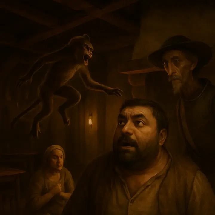 The ape springs to the showman's shoulder, chatters into his ear, then bounds down while the interpreter collapses at Don Quixote's feet exalting him; the beast bluntly reports Teresa hackling flax with a broken-spout jug of wine. Sancho's features flip between joy and disbelief as the plain, homey image of Teresa seems to be confirmed by the creature's chatter.