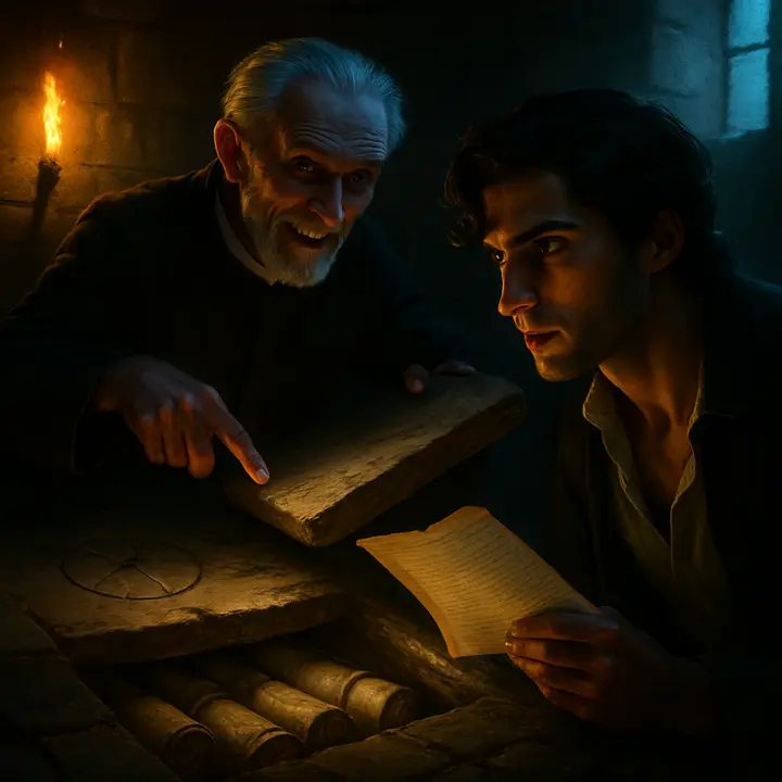 Faria, smiling and triumphant, points to a crude sundial and then uses a chisel to lift a hearthstone; beneath it, rolls of linen and hidden objects gleam into view like a buried hoard. Dantès leans forward, astonished as Faria draws a fragile manuscript from the dark.