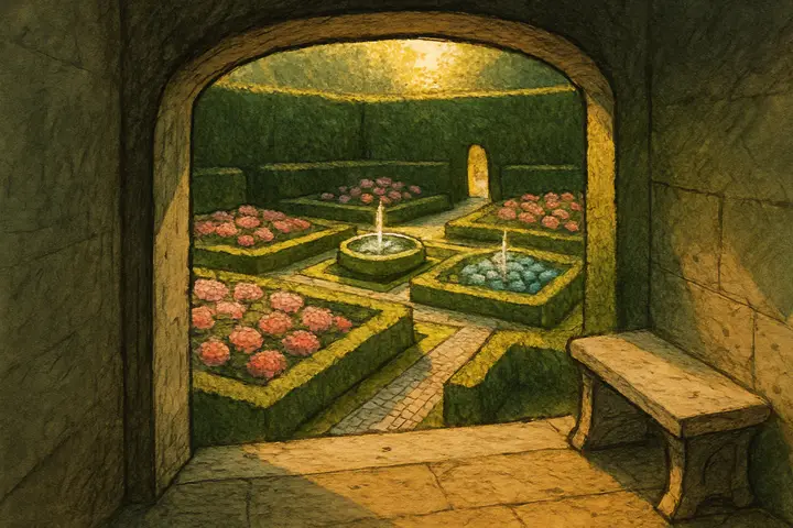 A compact formal garden enclosed by clipped hedges, its beds planted in tight geometric patterns of brilliant blooms and polished gravel walks. Cool, circular fountains throw fine sprays that catch the sun, marble benches and a small mosaic path leading inward give the space a hushed, secret order.