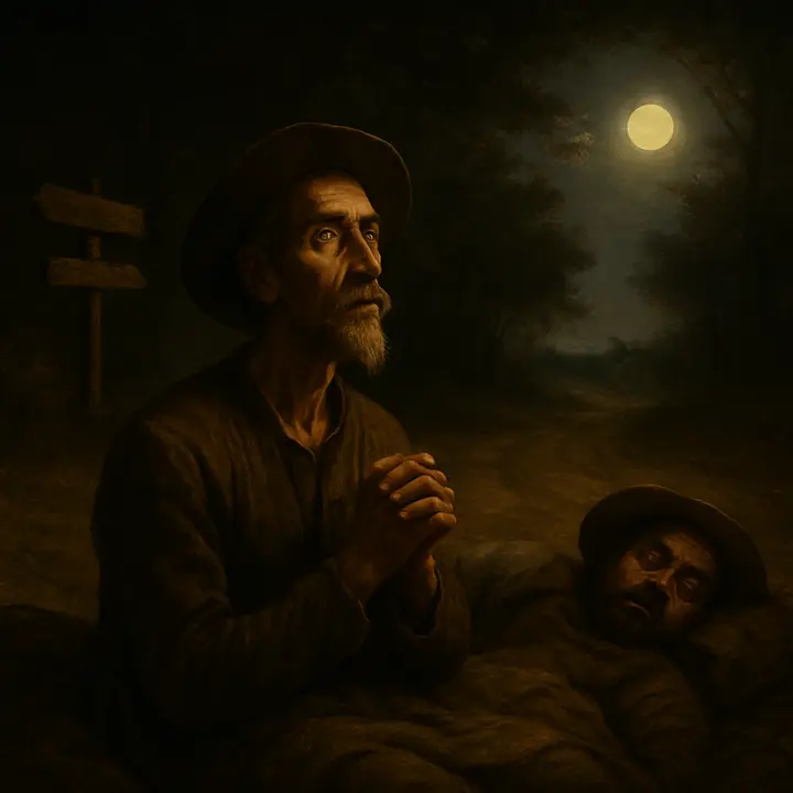 Night beneath a coppice: Don Quixote lies wakeful on a blanket, eyes bright with longing as he murmurs to the memory of Dulcinea, while Sancho Panza snores heavily, half-buried in his cloak after supper and wine. The pale moon threads through leaves, throwing silver bars across Don Quixote’s gaunt, noble face as he rehearses knightly vows to himself.