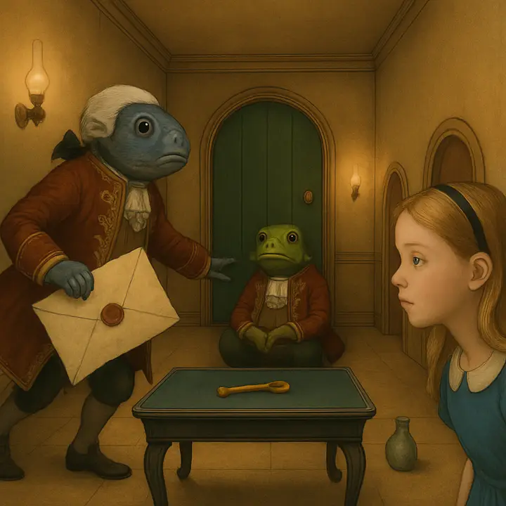 A powdered Fish-Footman bursts out of the trees bearing a huge envelope while the round-faced Frog-Footman in livery opens the Low Hall door; their elaborate bows tangle in an absurd, frozen tangle as Alice giggles and ducks partly out of sight. The Fish-Footman has already darted off, leaving the Frog-Footman sitting on the threshold staring up at the sky with frog‑like eyes.