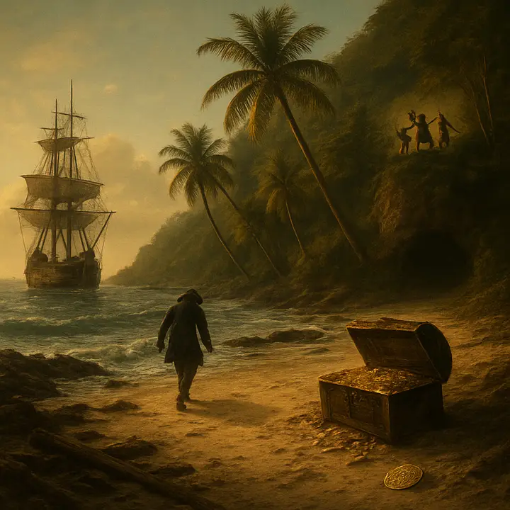 A cinematic montage made literal: a weathered schooner strains at anchor offshore, a lone marooned figure trudges toward a palm-fringed beach where half-buried, glinting gold spills from an overturned chest. Buccaneer silhouettes stand on a nearby cliff, cutlasses raised, while sunlight slashes through tropical foliage to illuminate a single gold coin in the sand.