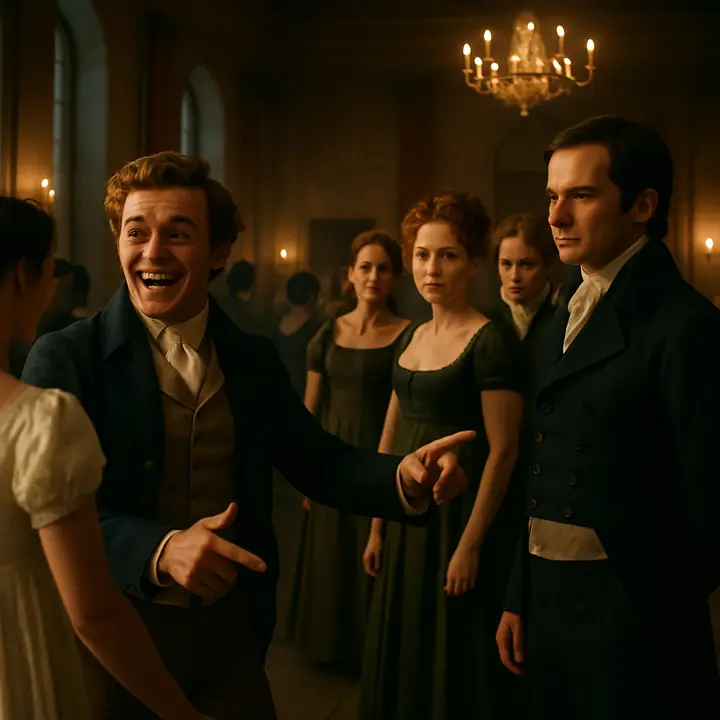 The Meryton assembly in full swing: Mr. Bingley animated and open on the dance floor, laughing and gesturing to his partner, while Mr. Darcy stands aloof at the edge, composed and watchful. Caroline Bingley and Mrs. Hurst linger nearby with haughty expressions, underscoring the contrast between Bingley's ease and Darcy's reserve.