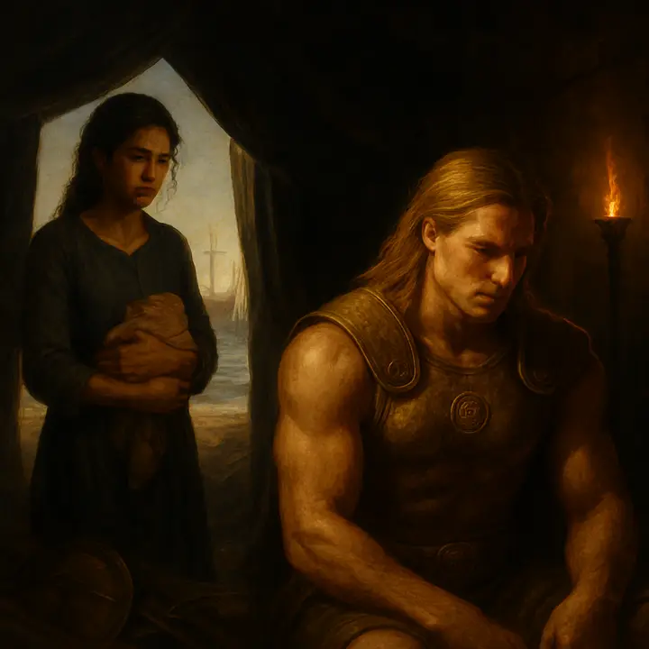 Briseis steps out of the open flap of Achilles' tent, clutching a small bundle, her face a mix of humiliation and quiet resolve as the line of beached ships and Myrmidon armor glints behind her. Inside the dim tent Achilles sits turned away on his low couch, head bowed and shoulders taut — a godlike figure rendered human by the private wound of loss. The contrast between the bright sea-light outside and the shadowed interior frames the painful severing of ties.