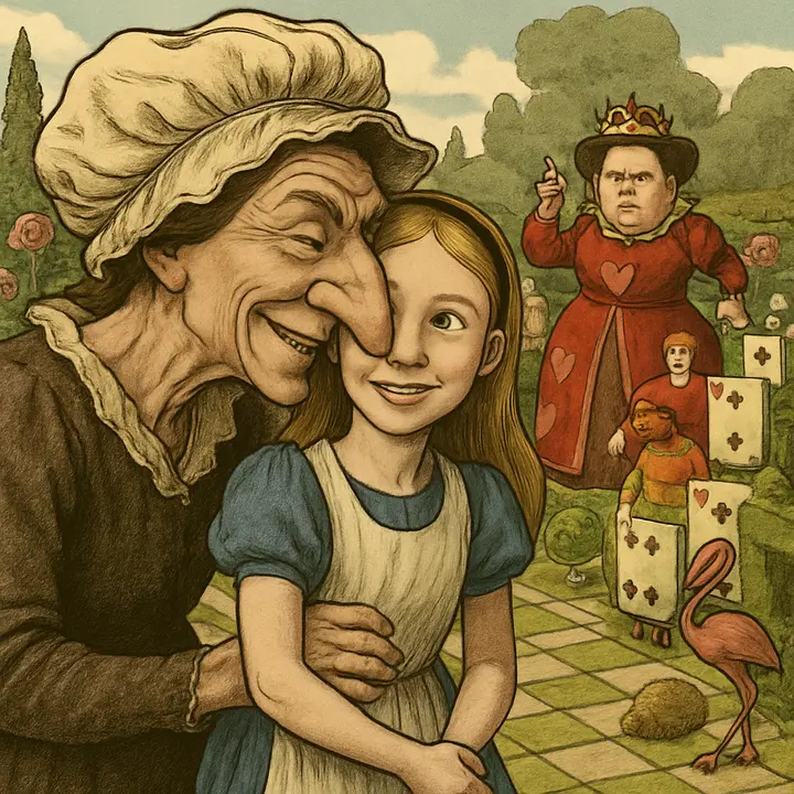 The Duchess squeezes Alice’s arm affectionately, her very ugly face and sharp chin pressed close against Alice’s shoulder while Alice smiles uneasily; the Duchess’s arm trembles and her voice falters as absurd maxims tumble between them. In the background the Queen of Hearts suddenly appears like a thundercloud, arms folded and stamping her foot, demanding doom with a single imperious gesture.