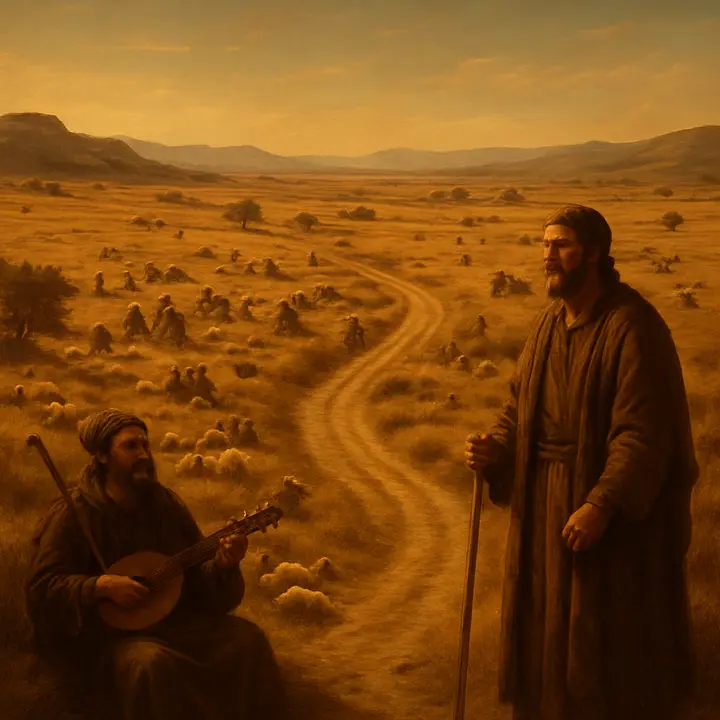 A broad pastoral valley and rocky foothills transformed into a melancholy Arcadia: dozens of shepherds scattered among flocks, some playing a rebeck, others singing or lamenting aloud as brooks and wind-carved stones seem to echo the single name 'Leandra' repeated across the landscape. The composition should show the communal obsession — equal parts adoration and reproach — with shepherds turned into a chorus that fills the hills.