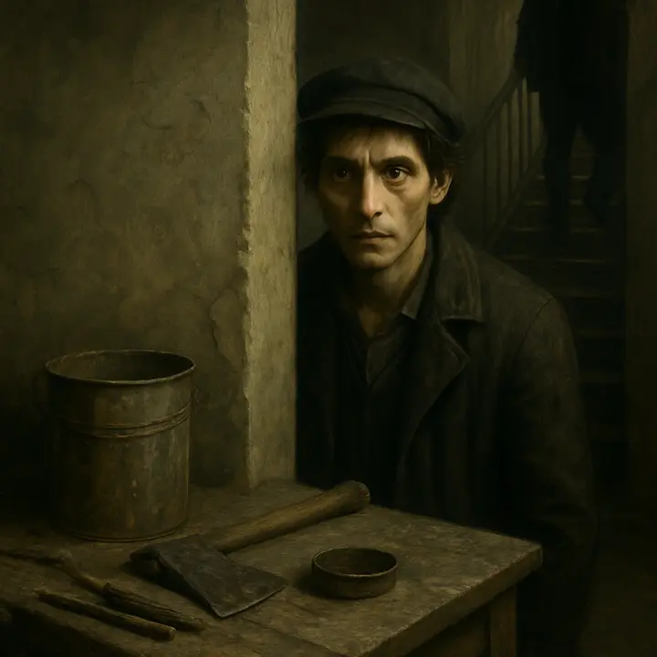 On the stair landing, voices and pounding boots approach; Rodion, sweating and hollow-eyed, slips into a half‑finished second-floor flat and hides behind a plaster wall among a pail, a broken paint pot and brushes while searchers thunder past above. The claustrophobic stillness inside the paint-flecked room contrasts with the tumultuous consternation in the stairwell.