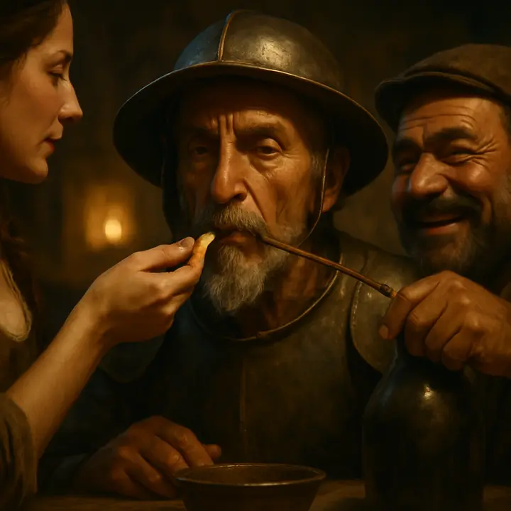 At a rough wooden table set in the open air, Don Quixote sits helmeted with the visor up; a woman feeds him morsels while the innkeeper, with a sly, practical air, pours wine into a bored reed and funnels it to Quixote's mouth. The tableau is both ridiculous and pitiable: a self-styled knight sustained by rustic contrivances, his dusty face visible within the helmet as twilight closes in.