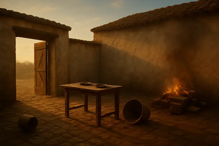 A small flagstone courtyard outside the parlor: a low table with two empty plates, a spilled goblet, a wicker basket turned on its side and faint ash on the hearthstone where a modest fire recently burned. Golden light pools in the yard; long shadows from the eaves and a half-open door frame the quiet, drowsy domestic scene readying itself for sleep.
